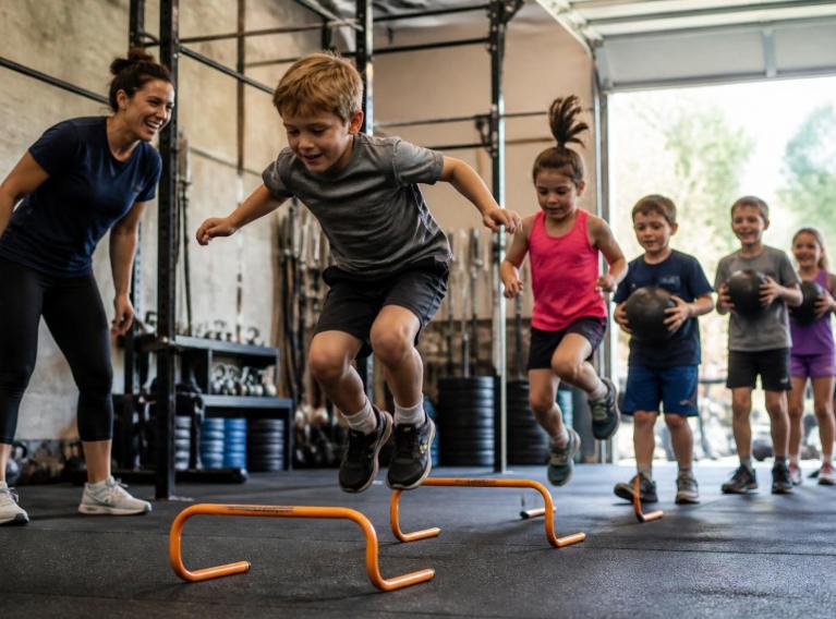 Kids jumping hurdles in a CrossFit Kids class