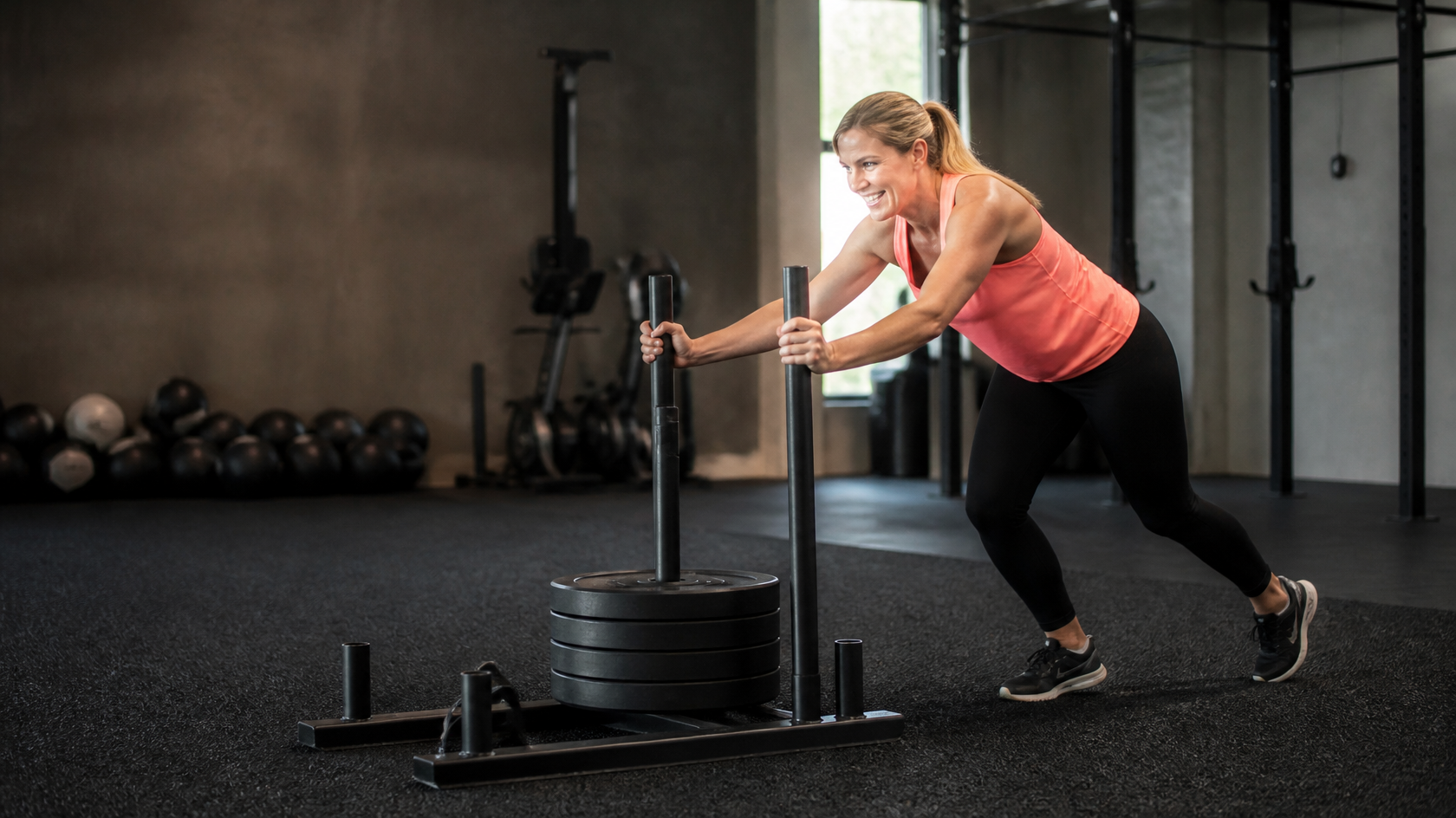 Member pushing a sled during HYROX training at Catoctin Fitness