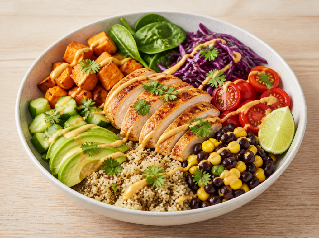 Healthy power bowl with quinoa, grilled chicken and vegetables